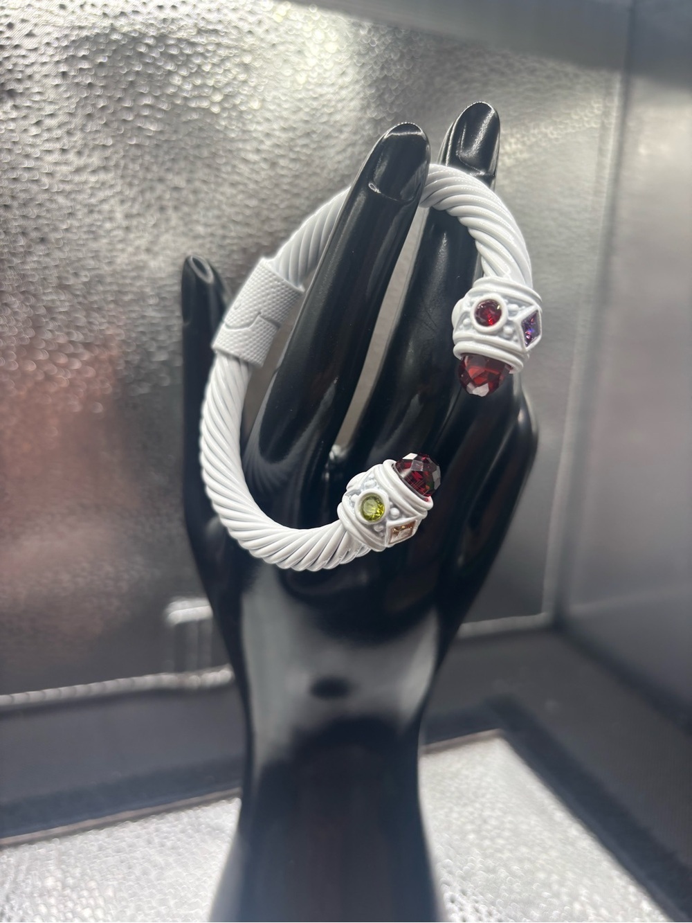 White Twisted Cable Open Cuff Bracelet with Multicolor Gem End Caps